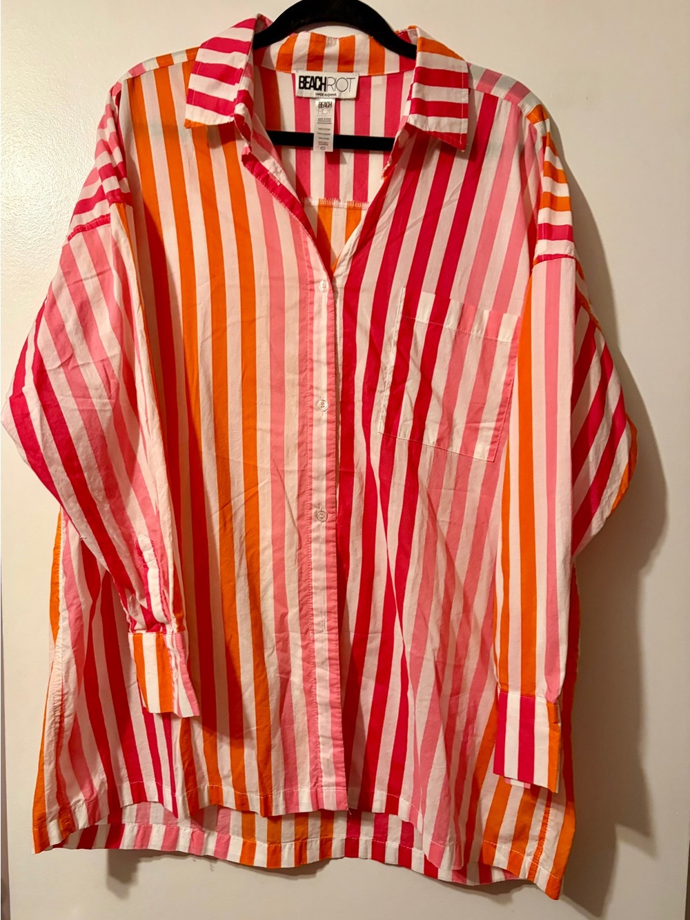 Beach Riot Striped Button-Down Shirt in Pink & Orange